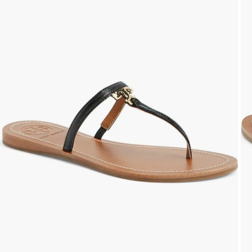 7.5 Tory Burch T' Logo Leather Thong Sandal (Women) tan nude brown and black